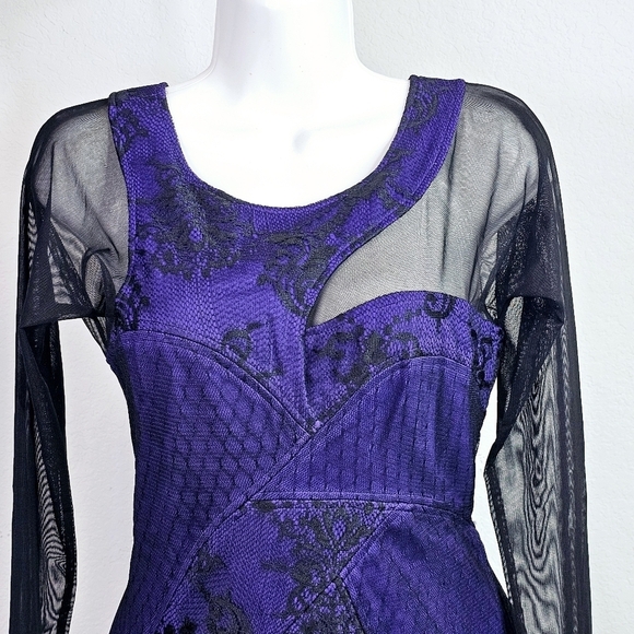 BCBGMaxAzria Mini Dress Mesh Long Sleeves Cut Outs Persian Blue Black - Picture 2 of 7
